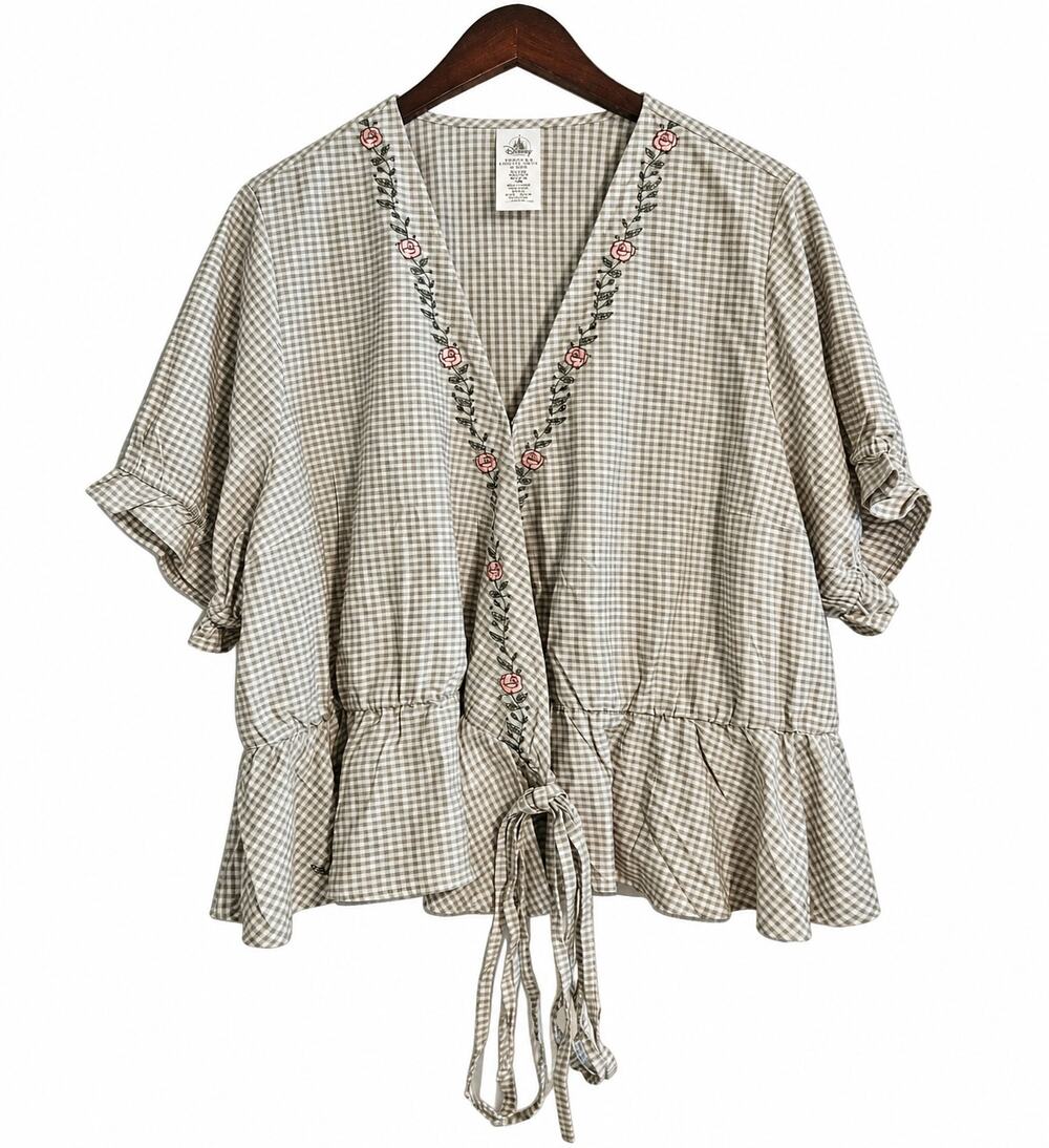 Disney Beauty & Beast 2X Green Gingham Floral Embroidered Wrap Peplum Top NWT